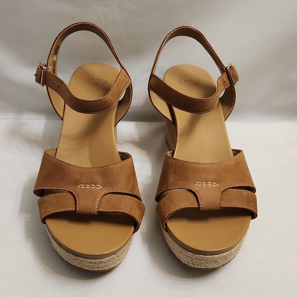 UGG Cloverdale Brown Leather Wedge Sandals (W Size 10)